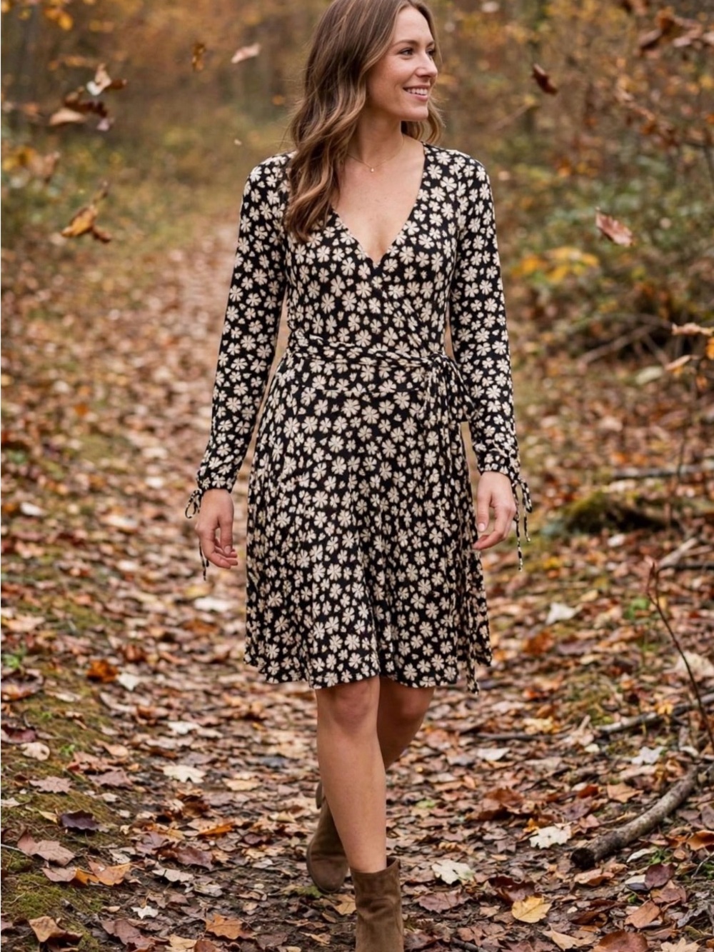 Free People Black Wrap Dress with Cream Floral Print
